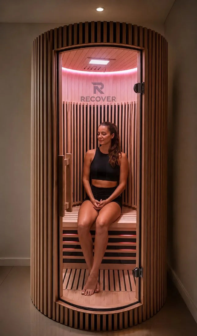 Recover Circle infrared sauna with purple chromotherapy mood lighting in use