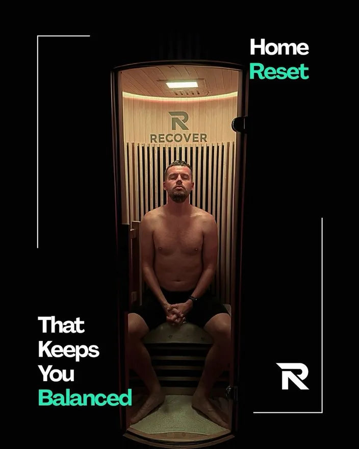 Person relaxing inside the R Sauna Circle far-infrared sauna for a calm home reset